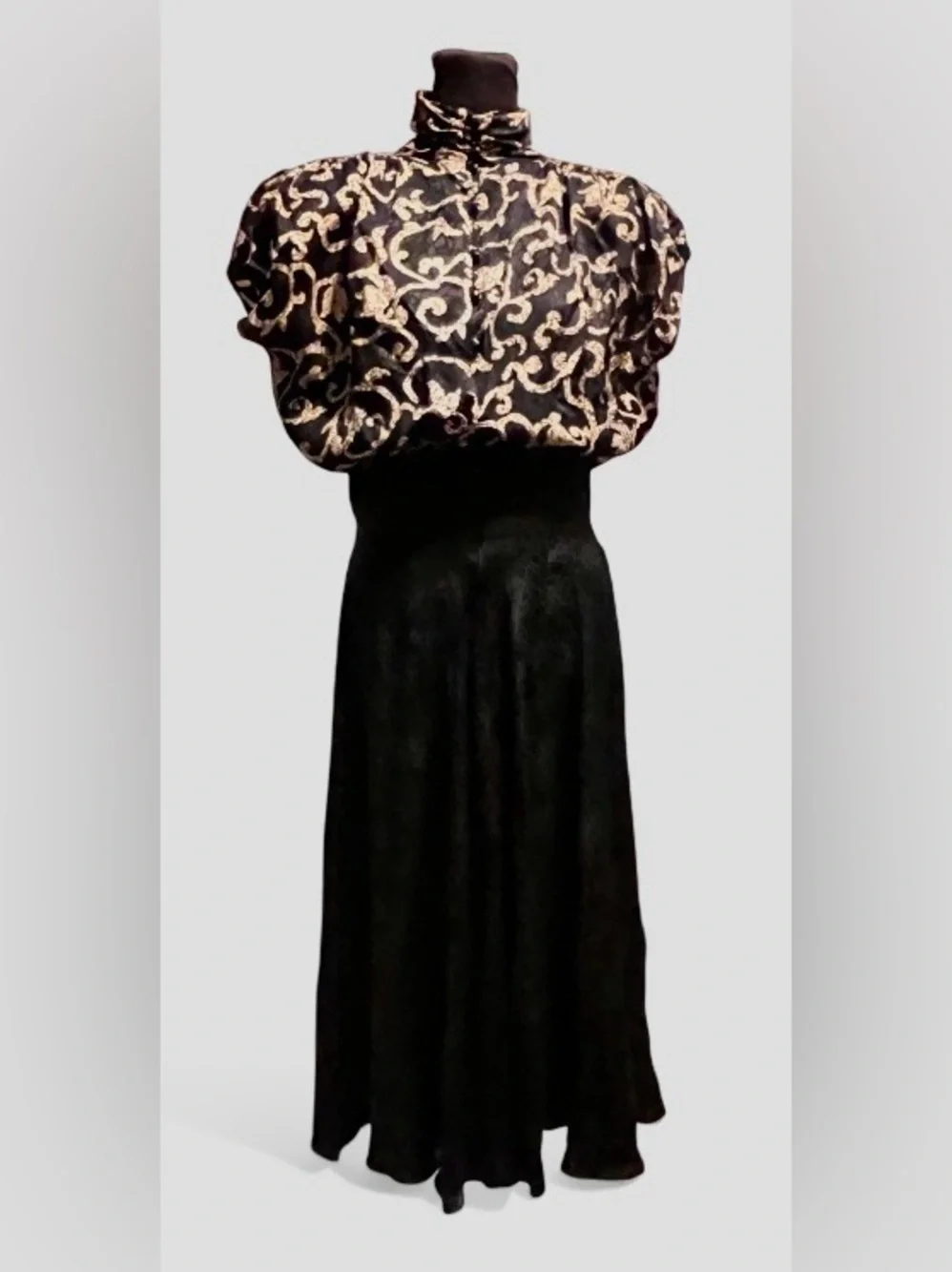 Vintage Maggy London Silk Maxi Dress with Gold Scroll Print Bodice
